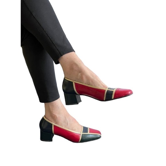 70s Frank Morr VTG Leather Pump Spain Sz 9.5 Colorblock Blue Red Gold Square Toe - Picture 1 of 9